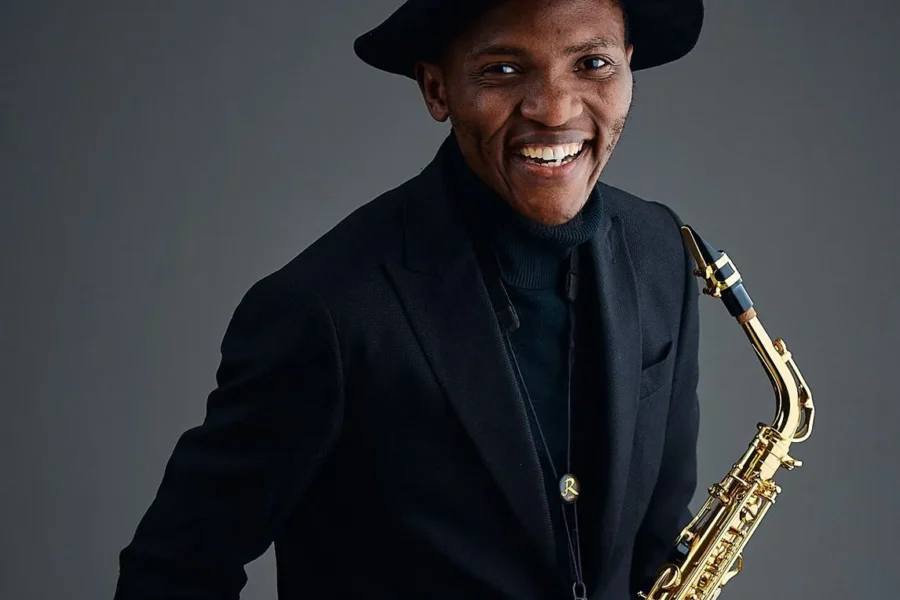Portrait of Jose Sax holding a gold alto saxophone
